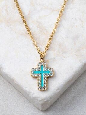 Plunder Gold-Tone Cross Necklace with Turquoise Resin Inlay ✝️
